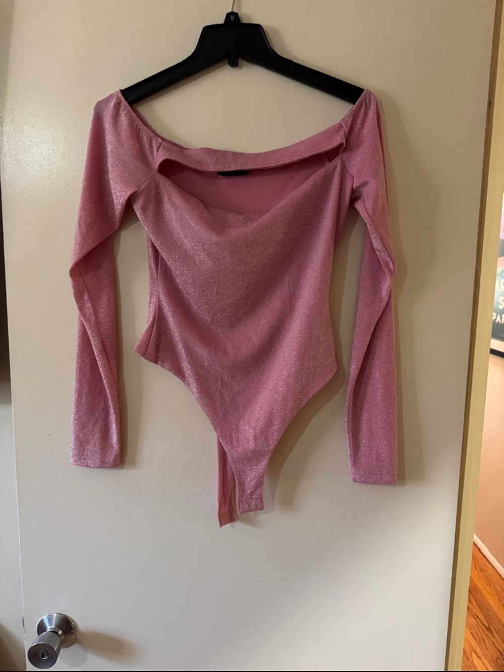 naked wardrobe Pink Shimmer Off-Shoulder Long Sleeve Bodysuit